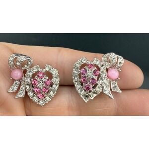 Vintage Claudette Clip On Earrings Pink Heart Rhinestone Signed READ